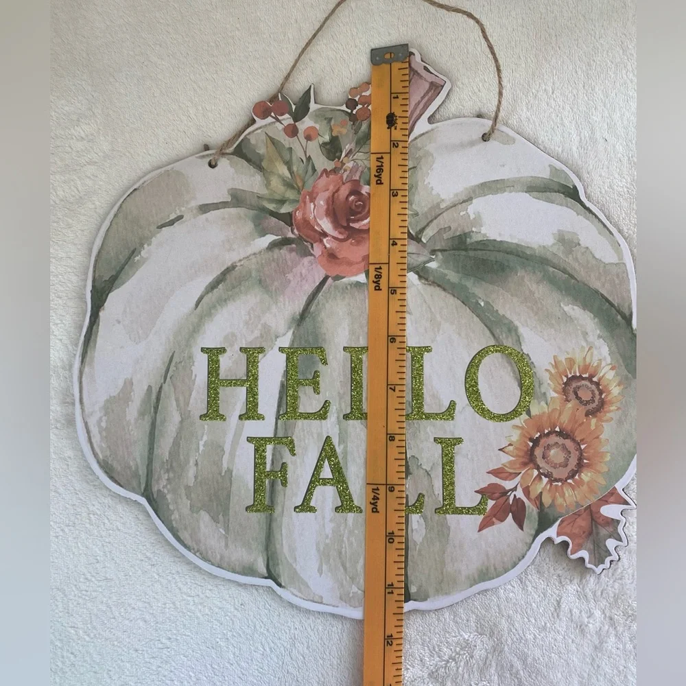 NWT Glittery Pumpkin Hello Fall Autumn Hanging Door or Wall Sign